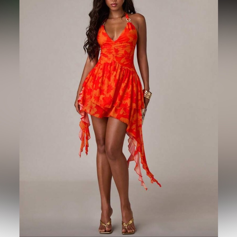Boho floral print halter mini dress